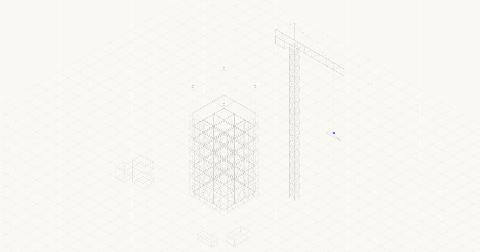 Wireframe building and crane illustrating the decision to build software in-house